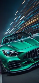 Green sports car in motion with dynamic lighting.