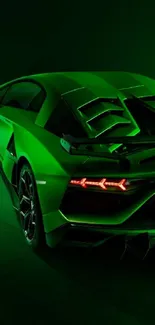 Sleek green sports car on dark background.