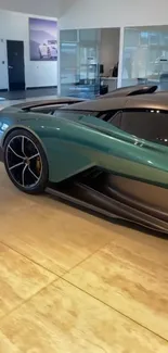 Sleek green sports car in a modern showroom setting.