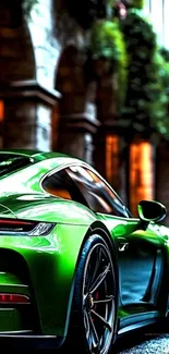 Vibrant green sports car on a city street.