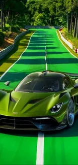 Sleek green sports car on a lush race track.