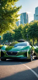 Green sports car on urban road with cityscape.