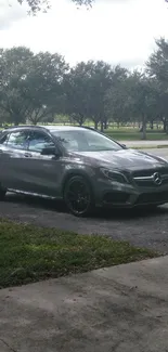 Sleek grey car in a park setting with trees and grass.