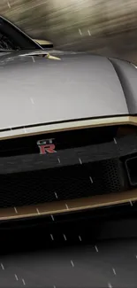 Sleek GT car in rain with dark backdrop.