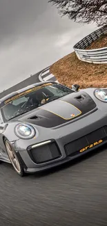 Gray GT2 RS driving on a racetrack with dramatic backdrop.