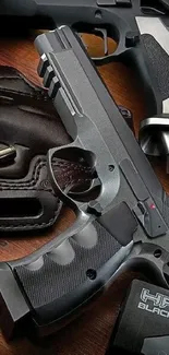 Sleek black handgun on a wooden surface.