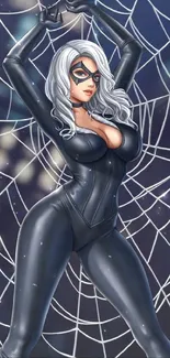 Sleek heroine posed in a spider web, creating a dynamic mobile wallpaper.