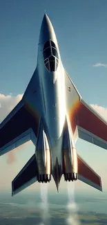 Sleek jet soaring through blue skies with a futuristic design.