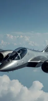 Sleek jet soaring in blue sky with clouds.