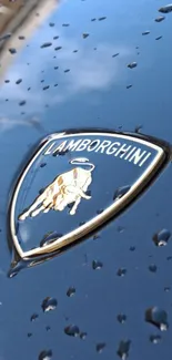 Lamborghini logo on a dark blue surface with raindrops.