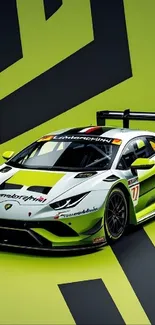 Sleek Lamborghini racing car on lime green background.