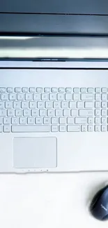 Minimalist laptop and mouse workspace with light gray tone.