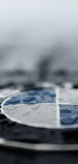 Sleek blue emblem close-up with raindrops on a metallic surface.