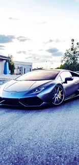 Sleek sports car on a scenic road with a blue sky backdrop.