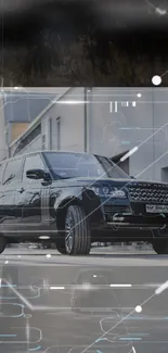 Luxurious black SUV with a futuristic city backdrop.