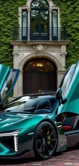 Sleek luxury sports car with butterfly doors open in front of a mansion.