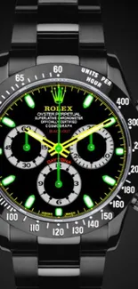 Luxury chronograph watch with green accents on a black background.