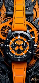 Intricate orange and black mechanical watch design with detailed gears.