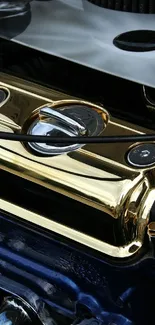 Close-up of a sleek metallic engine with a golden finish and intricate details.