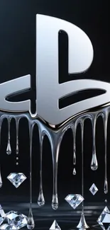 Metallic dripping icon with crystal elements on dark background.