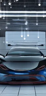 Futuristic car in a modern garage setting, glossy and sleek.