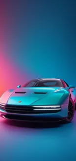 Sleek sports car with neon blue and pink lighting.