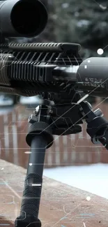 Modern tactical rifle with tripod resting outdoors.