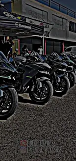 Lineup of sleek motorbikes under a canopy.