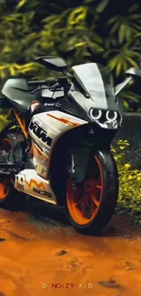 Sportbike with orange wheels on a forest path.