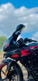 Motorcycle with blue sky background, showcasing adventure.