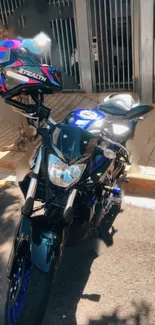 Sleek black motorcycle with helmet in urban setting.