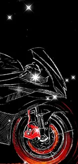 Motorcycle sketch art with red highlights, set on a black background.