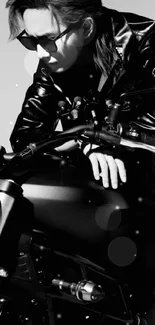 Black and white image of a motorcycle enthusiast in a leather jacket.