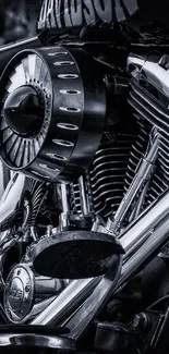 Gleaming chrome motorcycle engine in monochrome detail.