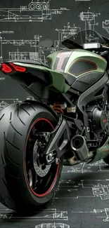 Sleek motorcycle with technical background design.