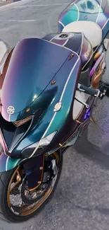 Glossy motorcycle with color-shifting paint on pavement.