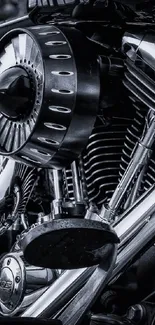 Close-up of a sleek motorcycle engine in monochrome.