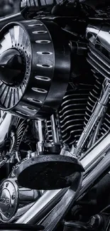 Monochrome closeup of a motorcycle engine with chrome details.