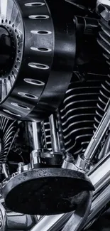 Close-up of a sleek, black motorcycle engine with chrome details.