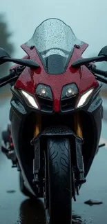 Front view of motorcycle on wet road with rain.
