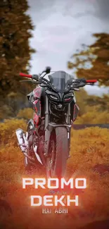 Motorcycle amidst autumn foliage with promo text.