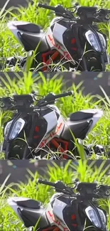 Modern motorcycle surrounded by green grass.