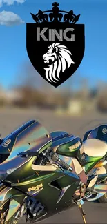 Motorcycle with black lion emblem and 'King' text.