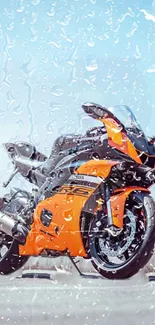 Orange and black motorcycle with raindrops background.