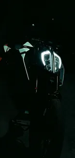 Motorcycle with glowing headlight in dark ambiance.