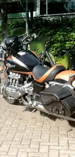 Sleek motorcycle parked on a city street, captured in vibrant color.