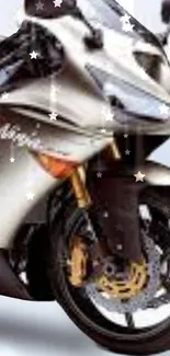 Metallic motorcycle with star accents background.