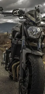 Sleek motorcycle on a scenic road with cloudy skies.