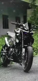 Motorcycle parked on a scenic road with greenery.