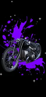 Sleek motorcycle on purple splash background for mobile wallpaper.